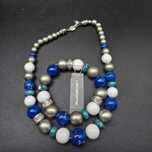 Liz Claiborne Blue Silver Tone Beaded Necklace Bracelet Set Vintage With Tag - Picture 9 of 10